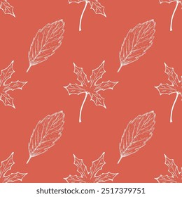 Padrão de outono desenhado à mão com olmo e folhas de bordo em um fundo vermelho claro no estilo de esboço. Queda fundo sem costura com elementos botânicos sutis desenhados à mão