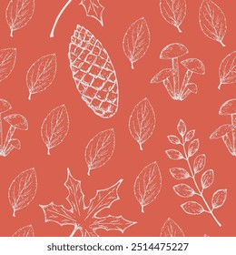 Hand-drawn autumn pattern with maple, elm and rowan leaves, fir cone and honey mushroom on a light red background in sketch style. Fall seamless background with subtle hand-drawn botanical elements