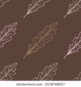 Hand-drawn autumn pattern with oak trees on a brown background in sketch style. Fall seamless background with subtle hand-drawn botanical elements