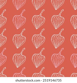 Hand-drawn autumn pattern with physalis on a light red background in sketch style. Fall seamless background with subtle hand-drawn botanical elements
