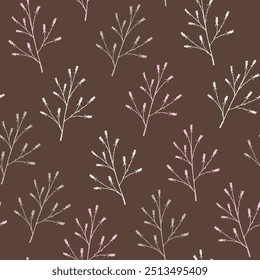 Hand-drawn autumn pattern with rose hip branches on a brown background in sketch style. Fall seamless background with subtle hand-drawn botanical elements