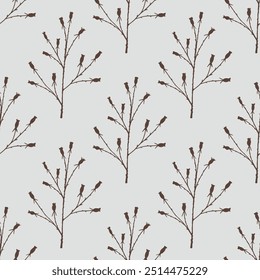 Hand-drawn autumn pattern with rose hip branches on a light gray background in sketch style. Fall seamless background with subtle hand-drawn botanical elements