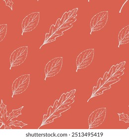 Hand-drawn autumn pattern with tree leaves on a light red background in sketch style. Fall seamless background with subtle hand-drawn botanical elements
