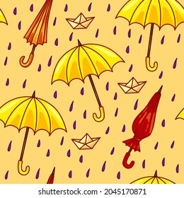 Hand-drawn autumn rainy day vector seamless pattern with raindrops, umbrellas, and paper ships. In orange, red and yellow colors. Suitable for the design of packaging, paper, prints, fabrics.