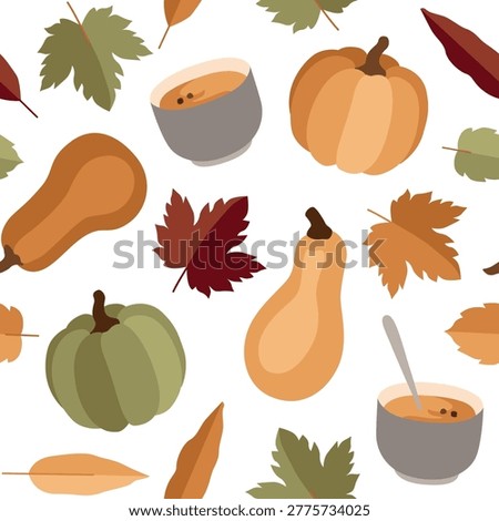 Hand-drawn autumn seamless pattern of pumpkin, pumpkin soup, maple leaves for packaging, seasonal background, special offer