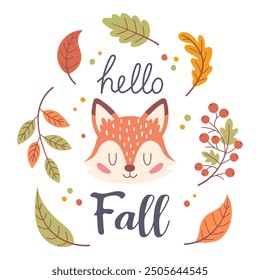 A hand-drawn autumn sticker with the phrase Hello Fall. An autumn phrase with cute and cozy design elements