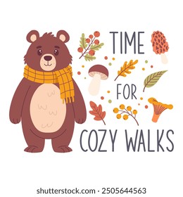 A hand-drawn autumn sticker with the phrase Time for Cozy Walks. An autumn phrase with cute and cozy design elements