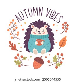 Una pegatina de otoño dibujada a mano con la frase Autumn Vibes. Una frase de otoño con Elementos de diseño lindos y acogedores