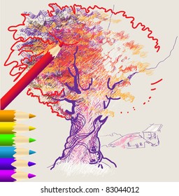 Hand-drawn autumn tree drawn in loose, sketchy style