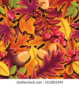 Hand-drawn autumn vector seamless pattern with many cute stylized leaves. 