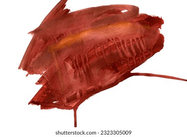 Hand-drawn autumn watercolor background. A red-brown spot with a brush with streaks. Isolated design element on a white background