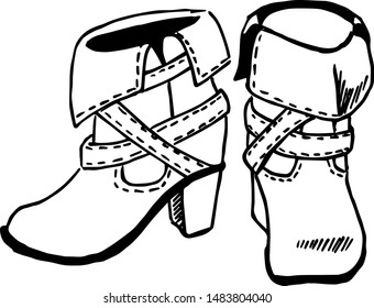 hand-drawn autumn women's boots, with country-style straps on heels. sketch
