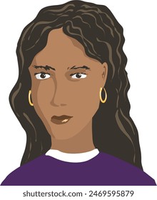 Hand-drawn avatar girl with long dark hair and dark skin. Vector illustration of a girl of Latin appearance with earrings in her ears. Indian appearance and facial features are also suitable. wavy