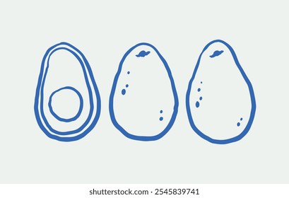 Hand-drawn avocado Illustration Set. Line art, ink, minimalist style. Vector illustration.