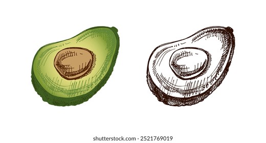 Boceto de aguacate dibujado a mano. Dibujo en Antiguas de mitad de aguacate maduro. Ilustración de boceto de alimentos de contorno de tinta negra de Vector. Comida mexicana, cocina, Latina América. Una ilustración para el menú.