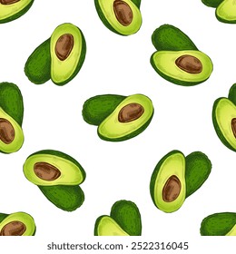 Aguacates dibujados a mano sin patrón. Dibujo en Antiguas de aguacate maduro y mitad aguacate. Ilustración de boceto de alimentos de contorno de tinta negra de Vector. Comida mexicana, cocina. Latina América.