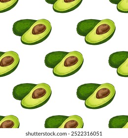 Aguacates dibujados a mano sin patrón. Dibujo en Antiguas de aguacate maduro y mitad aguacate. Ilustración de boceto de alimentos de contorno de tinta negra de Vector. Comida mexicana, cocina. Latina América.