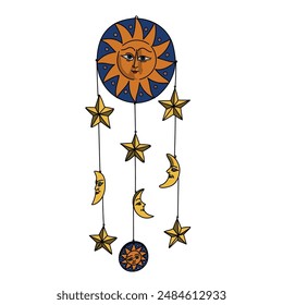 Hand-drawn baby cot mobile of the sun moon and stars vector drawing