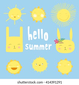 Hand-drawn baby cute vector sun postcard print with letters. Design elements. Doodle hand drawn style illustration for greeting card, t-shirts and bags print, scrapbooking