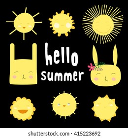 Hand-drawn baby cute vector sun postcard print with letters. Design elements. Doodle hand drawn style illustration for greeting card, t-shirts and bags print, scrapbooking