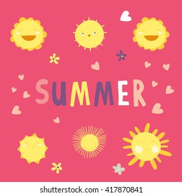 Hand-drawn baby cute vector sun postcard print with letters. Design elements. Doodle hand drawn style illustration for greeting card, t-shirts and bags print, scrapbooking