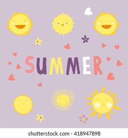 Hand-drawn baby cute vector sun postcard print with letters. Design elements. Doodle hand drawn style illustration for greeting card, t-shirts and bags print, scrapbooking