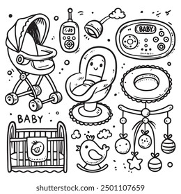 Hand-drawn baby essentials doodle set with stroller crib baby monitor rocking horse on white background for coloring book