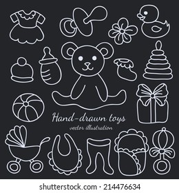 Hand-drawn Baby Goods and Toys Set. Vector Design