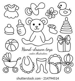 Hand-drawn Baby Goods and Toys Set. Vector Design