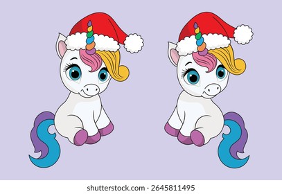 Desenhado à Mão Baby Unicorn Illustration Vestindo um Chapéu de Santa em Estilo de Natal Bonito