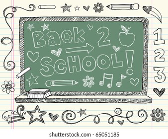 Hand-Drawn Back to School Chalkboard / Blackboard Sketchy Notebook Doodles with Lettering, Apple, Pencil & Music Notes. Vector Illustration Design Elements on Lined Sketchbook Paper Background