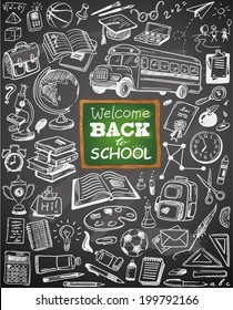 hand-drawn back to school collection on chalkboard