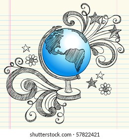 Hand-Drawn Back to School Geography Class Sketchy Notebook Doodles of a Planet Earth Globe with Swirls, Hearts, and Stars- Vector Illustration Design Elements on Lined Sketchbook Paper Background