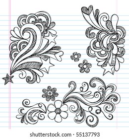 Hand-Drawn Back to School Hearts, Swirls, Flowers, and Stars Sketchy Notebook Doodles Vector Illustration Design Elements on Lined Sketchbook Paper Background
