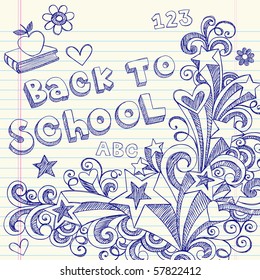 Hand-Drawn Back to School Sketchy Notebook Doodles with Lettering, Books, Shooting Stars, Hearts, and Swirls- Vector Illustration Design Elements on Lined Sketchbook Paper Background