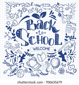 Hand-Drawn Back to School Sketchy Notebook Doodles with Lettering, Book, Heart. Vector Illustration Design Elements on Lined Sketchbook Paper Background