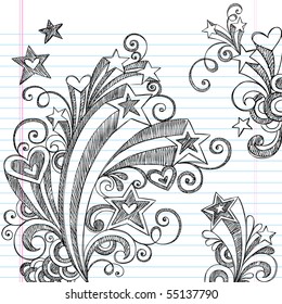 Hand-Drawn Back to School Starbursts, Swirls, Hearts, and Stars Sketchy Notebook Doodles Vector Illustration Design Elements on Lined Sketchbook Paper Background