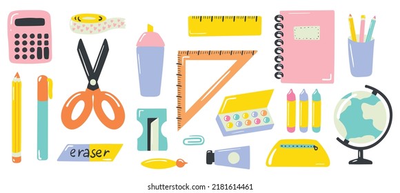 Hand-drawn back to school stationery vector set. Study supply collection