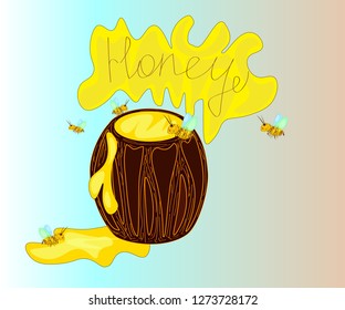 Hand-drawn background barrel with honey and bees on a light blue background
