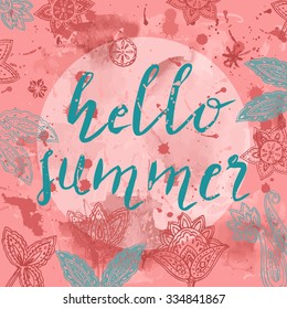 Hand-drawn background with doodle pattern and text hello summer