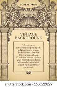 Hand-drawn background or frame for a diploma or certificate in a vintage style. Vector illustration with an ornate drawing of an old building facade and place for text on the old paper backdrop