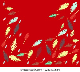Hand-drawn background of multicolored bird feathers falling down on a red background