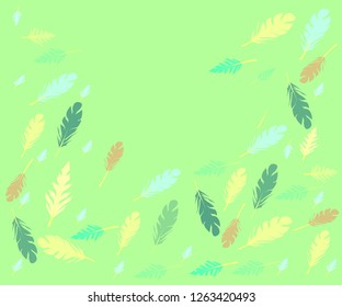 Hand-drawn background of multicolored bird feathers falling down on a light green background