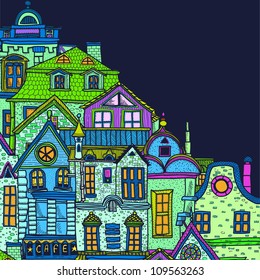 Hand-drawn background with night old town