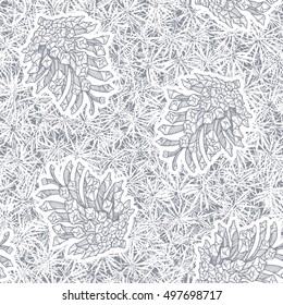 Hand-drawn background with pine cones and coniferous texture. Monochrome vector pattern.
