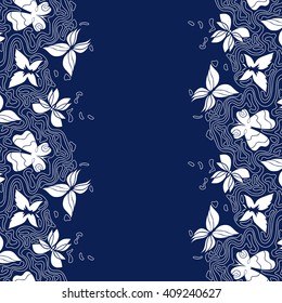 Hand-drawn background with place for text, doodle border with butterflies and wavy lines, vertical seamless pattern, EPS 8