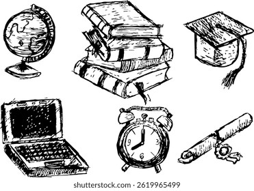 Essentials de regreso a la escuela dibujado a mano en blanco y negro