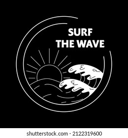 A hand-drawn badge with the sun, waves and the inscription. Surfing concept. For t-shirt prints, posters and other uses. Lineart