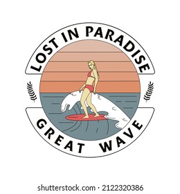 A hand-drawn badge with a woman on a surfboard, waves and an inscription. Surfing concept. For t-shirt prints, posters and other uses.