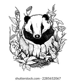 Hand-drawn badger. Black and white vector illustration in retro style. sketch vector graphics black and white drawing